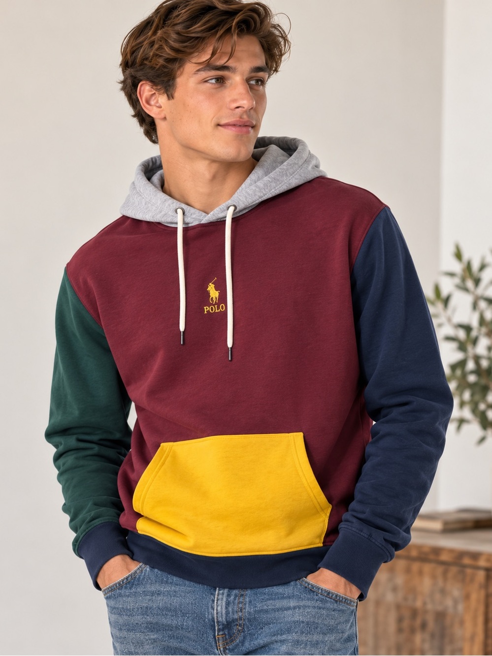 Ralph Lauren Colorblock Hoodie Sweatshirt - Burgundy, Navy, Green, Yellow, Gray
